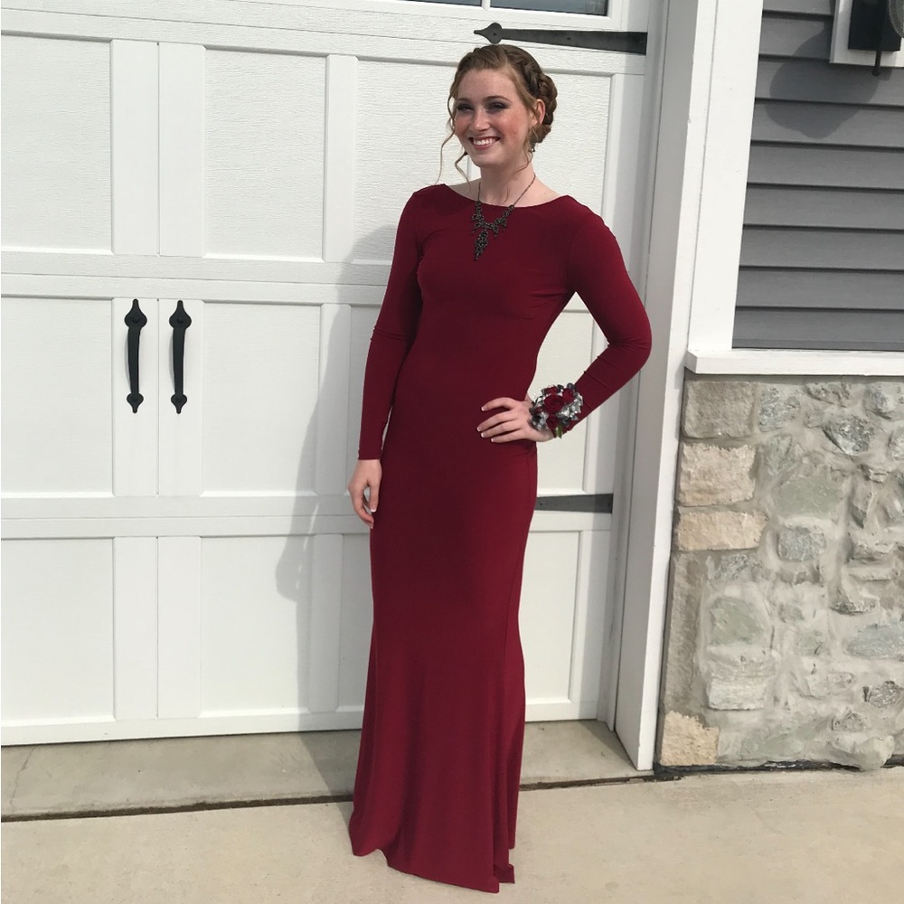 Elegant, Backless, Red Long Sleeve Dress